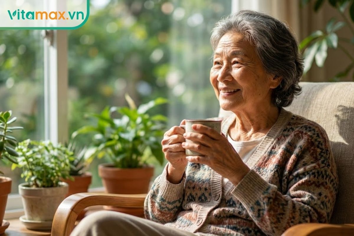 Người cao tuổi đang thưởng thức trà sâm trong không gian thư giãn, minh họa việc sử dụng sâm an toàn cho sức khỏe người già.