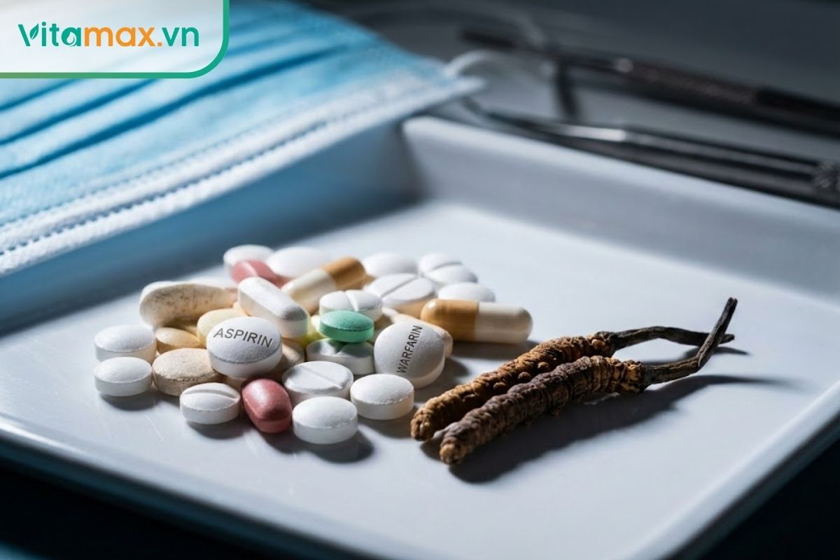 Các loại thuốc chống đông máu và dụng cụ y tế, cảnh báo nguy cơ chảy máu khi dùng chung với đông trùng hạ thảo.