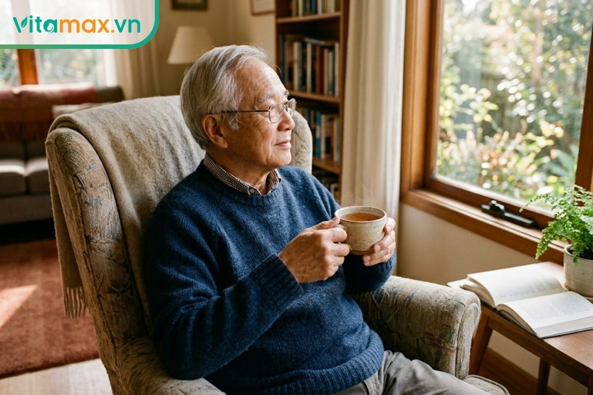 Một người đàn ông lớn tuổi đang ngồi thư giãn trên ghế tựa trong phòng khách, tay cầm tách trà nấm linh chi ấm áp.