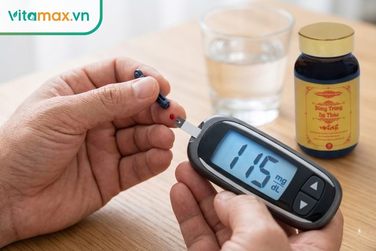 Người bệnh tiểu đường đang sử dụng máy đo đường huyết cá nhân để kiểm tra chỉ số, cảnh báo nguy cơ hạ đường huyết khi dùng kèm đông trùng hạ thảo.