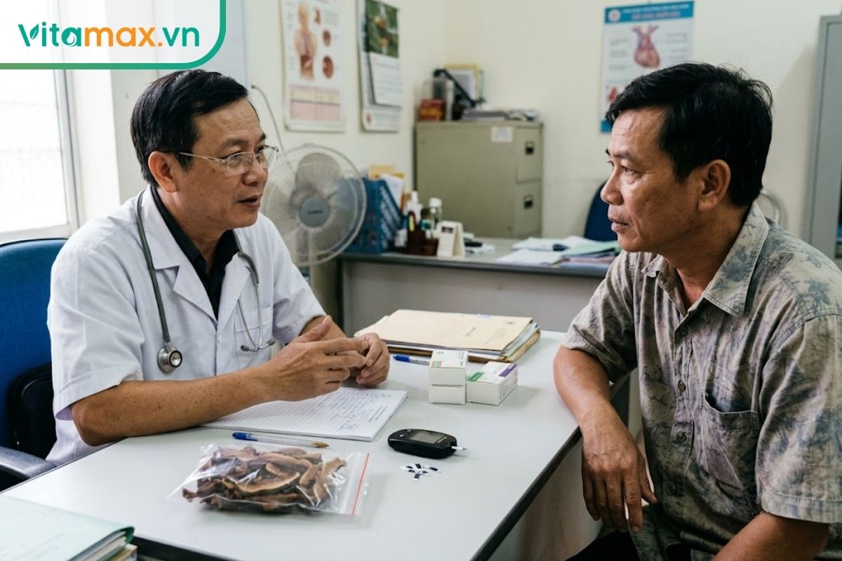 Bác sĩ trao đổi với người bệnh tại phòng khám, trên bàn có máy đo đường huyết và nấm linh chi khô để tham khảo.
