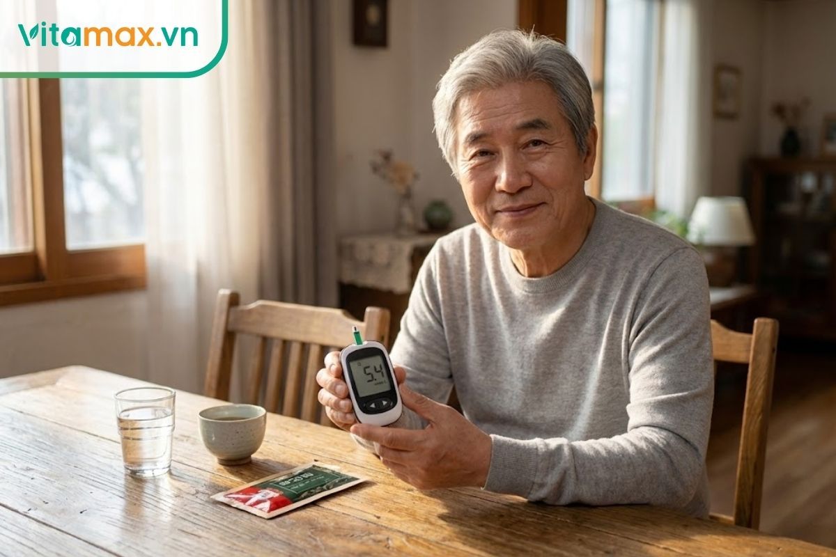người cao tuổi kiểm tra đường huyết chỉ số tốt bên cạnh gói nước hồng sâm