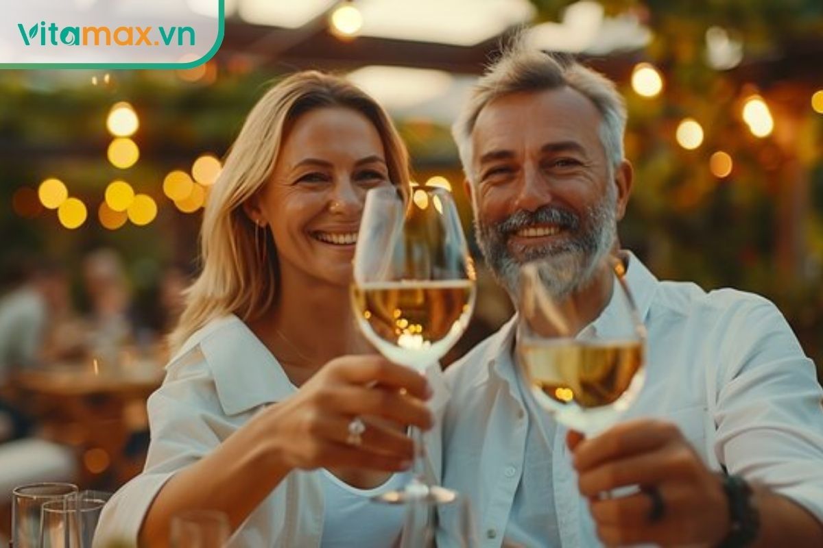 cặp vợ chồng trung niên uống rượu sâm để tăng cường sức khỏe và tuần hoàn máu