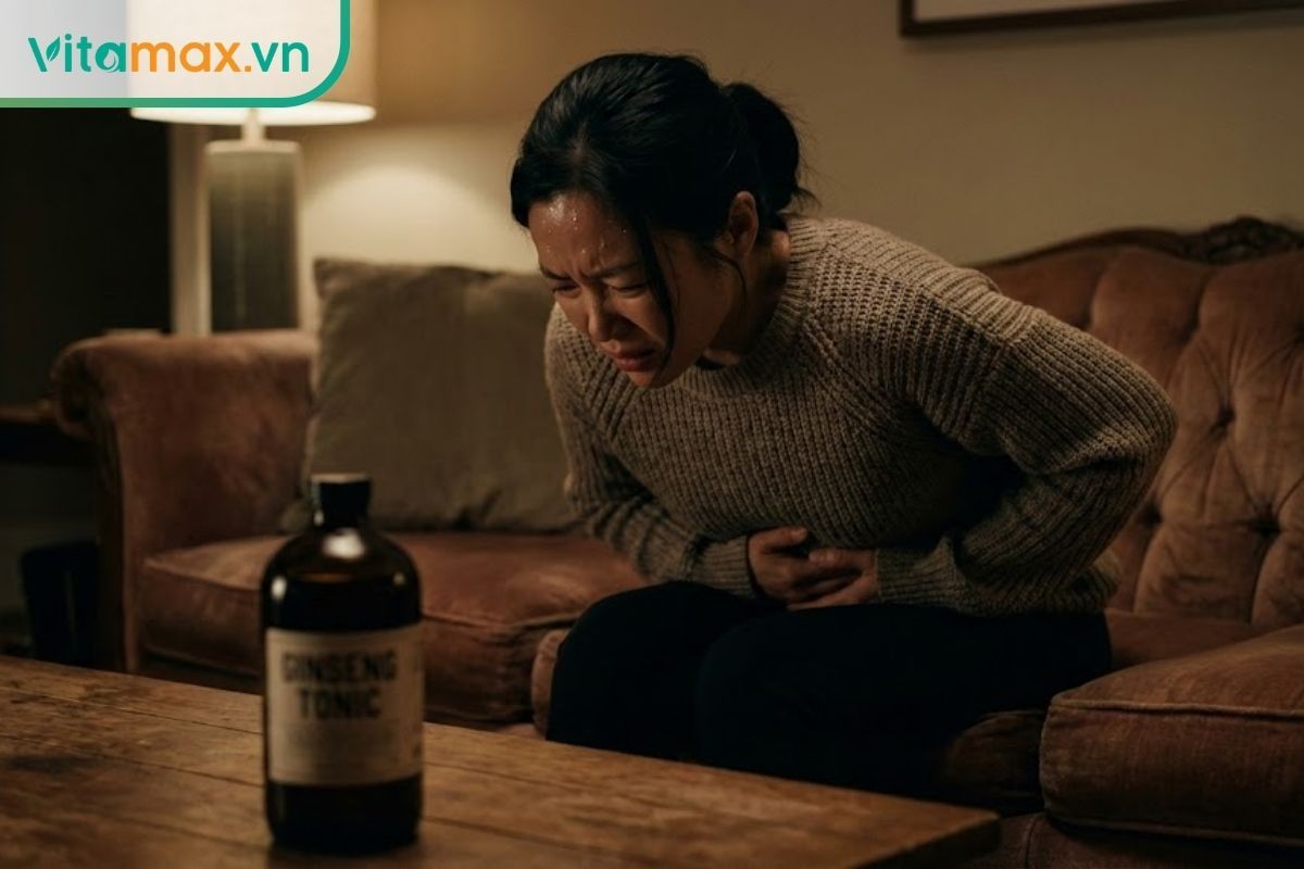 Người phụ nữ thể hiện biểu cảm đau đớn vùng thượng vị, từ chối sử dụng đồ uống kích thích khi đang bị viêm loét.