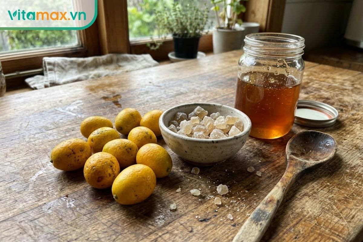 Mâm nguyên liệu làm tắc chưng mật ong trị ho gồm những quả tắc chín vàng tự nhiên, đường phèn dạng cục thô và hũ mật ong nguyên chất.