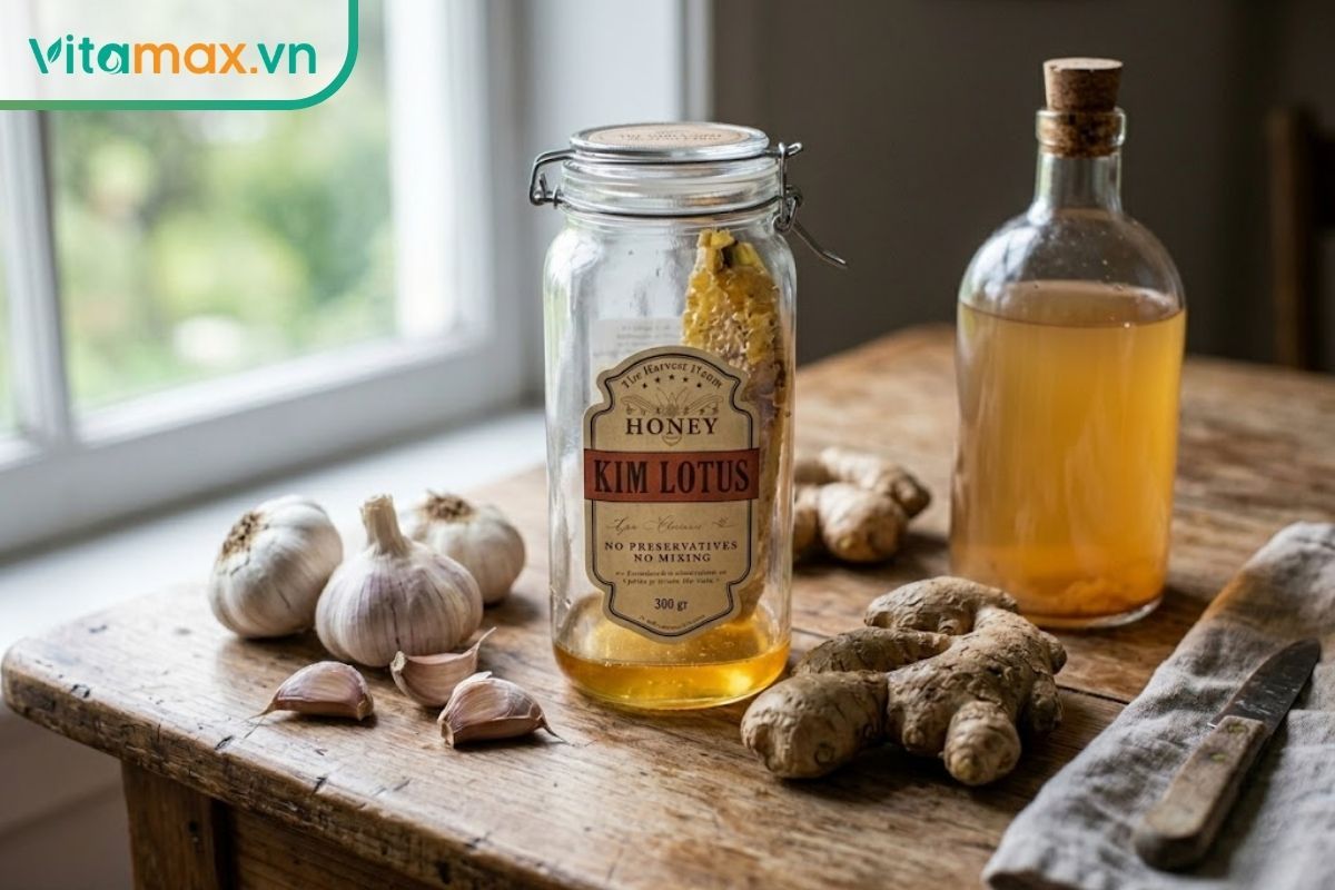 Các nguyên liệu tươi thô gồm gừng, tỏi chưa bóc vỏ, mật ong nguyên chất và giấm táo trên bàn bếp chuẩn bị pha chế.