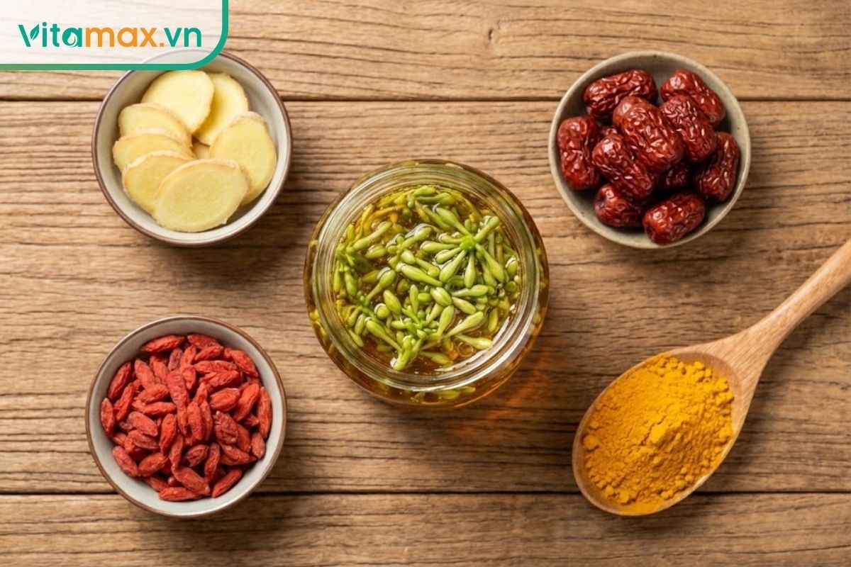 Sắp xếp nghệ thuật các nguyên liệu bổ trợ gồm gừng thái lát, táo đỏ, kỷ tử và hũ hoa đu đủ ngâm mật ong trên nền gỗ.
