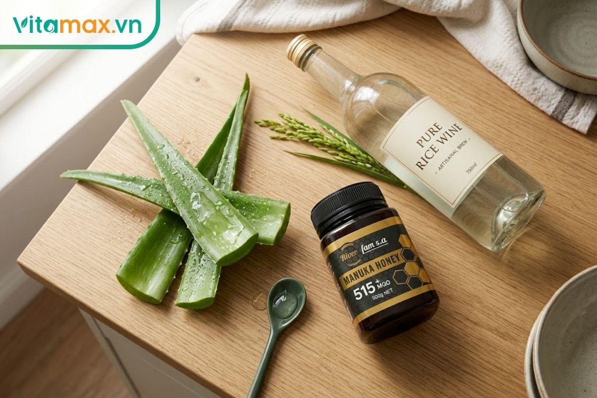 Các nguyên liệu chính để làm nha đam mật ong rượu bao gồm lá nha đam tươi thịt dày, mật ong nguyên chất và rượu trắng.