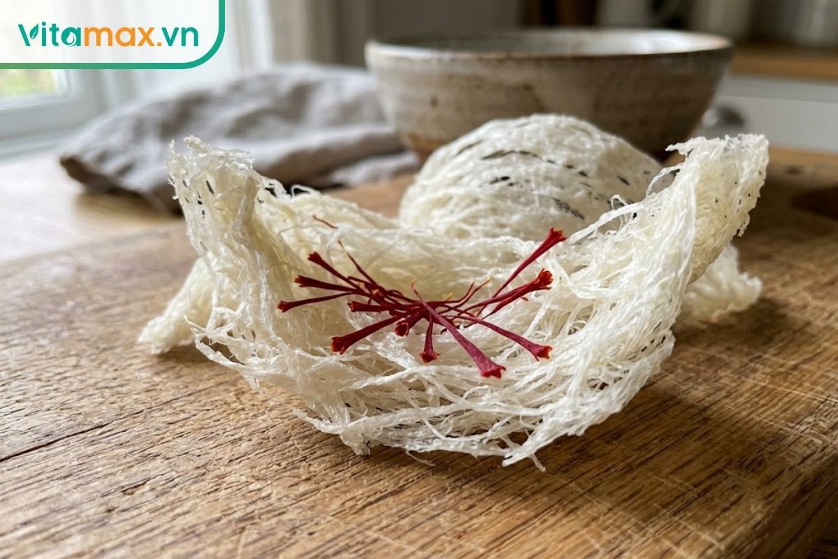 Cận cảnh tổ yến tinh chế màu trắng ngà và các sợi saffron màu đỏ sẫm nguyên bản được đặt trên một chiếc thớt gỗ nhỏ.