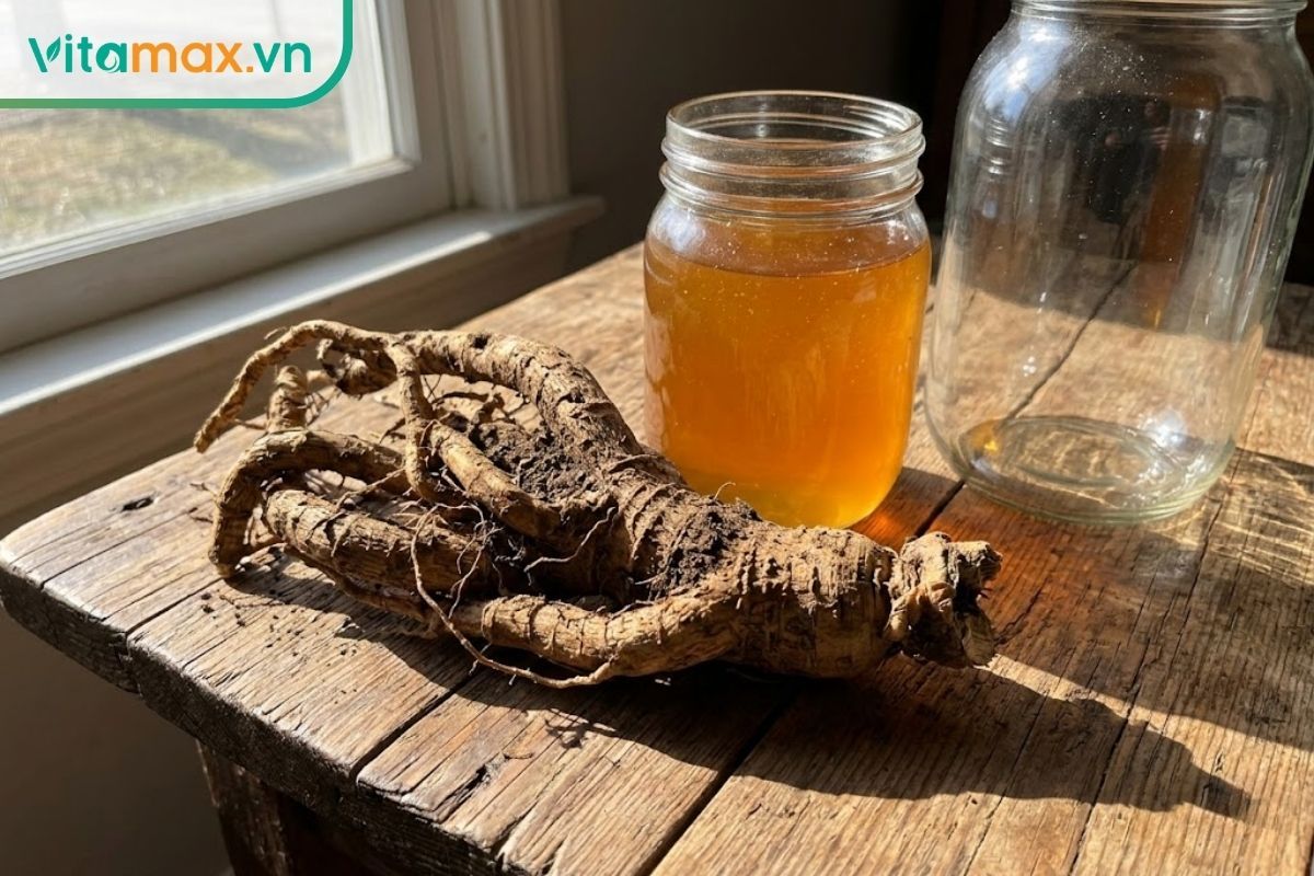 Các nguyên liệu chính để ngâm rượu đinh lăng với mật ong bao gồm rễ đinh lăng tươi, bình thủy tinh và mật ong nguyên chất.