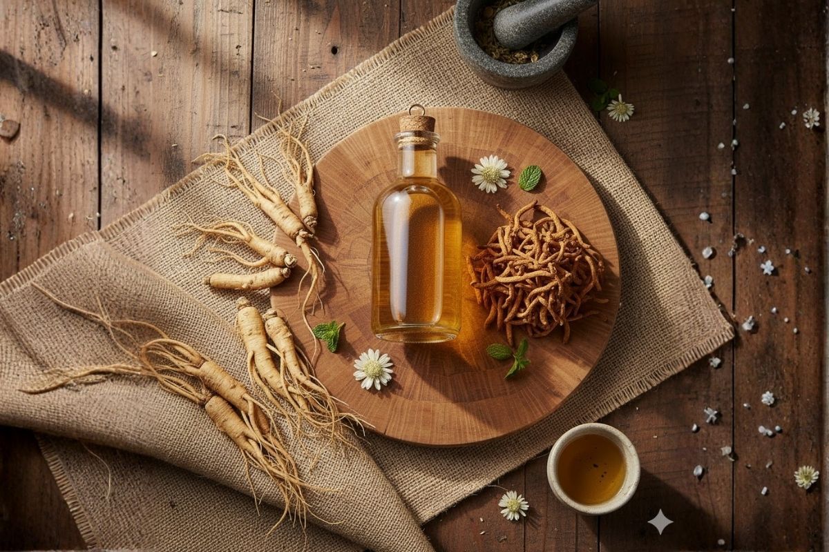 nguyên liệu gồm nhân sâm, đông trùng và rượu nếp để ngâm rượu thuốc