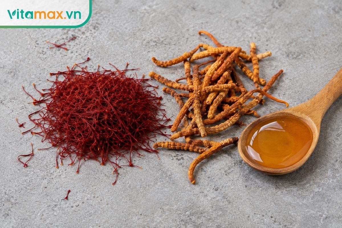Cận cảnh các nguyên liệu tự nhiên gồm sợi nhụy hoa nghệ tây đỏ thẫm và nấm đông trùng hạ thảo khô màu cam đặt cạnh một muỗng mật ong.