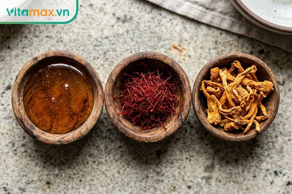 Cận cảnh ba chén gỗ nhỏ đựng riêng biệt mật ong nguyên chất, sợi saffron đỏ sẫm và nấm đông trùng hạ thảo khô màu vàng cam trên bàn.