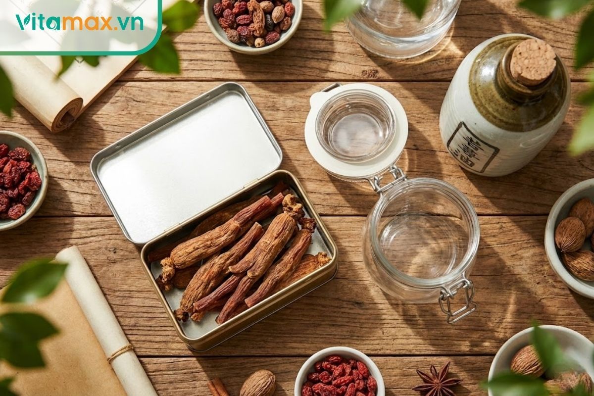bộ nguyên liệu ngâm rượu gồm hộp sâm khô hàn quốc 6 năm tuổi và bình thủy tinh sạch