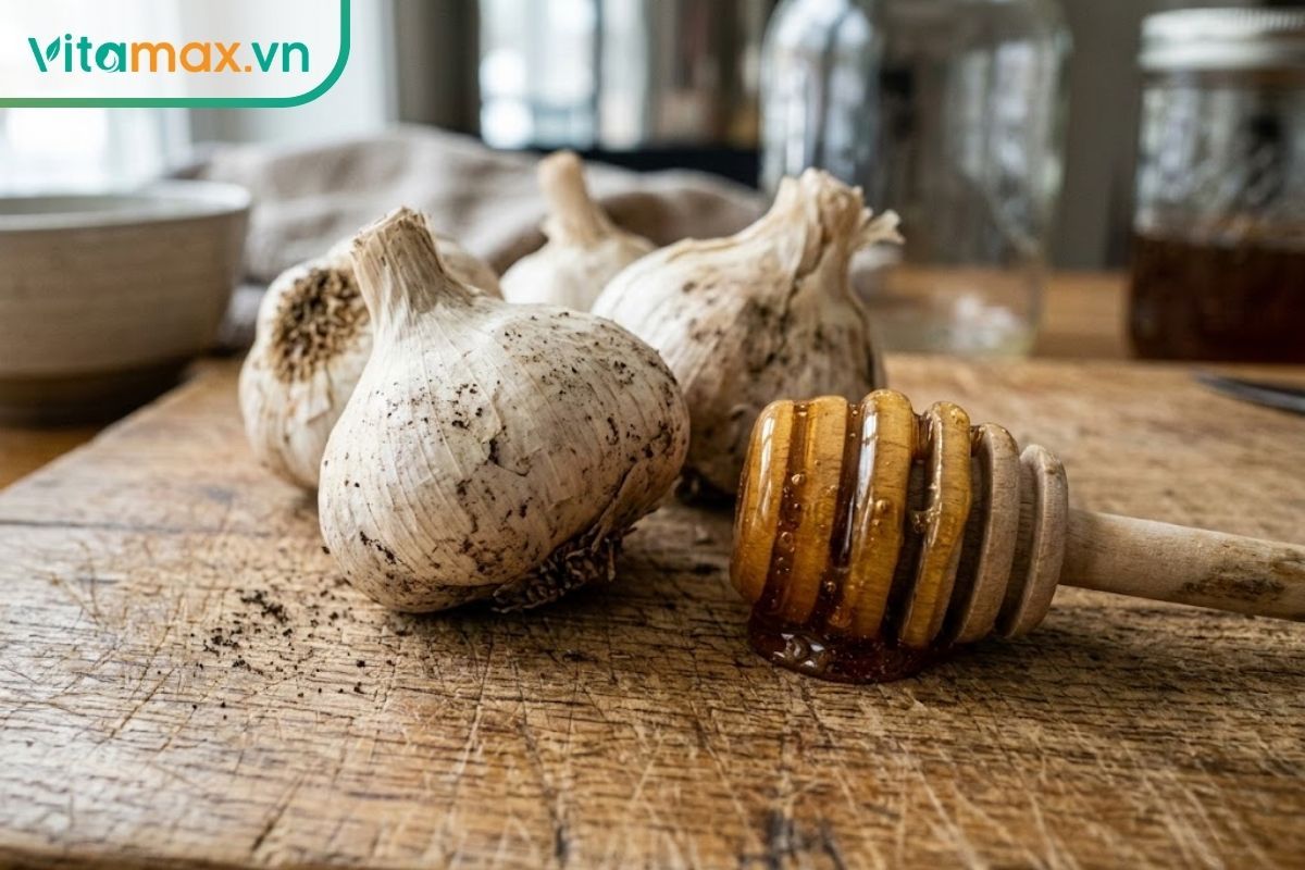 Cận cảnh các củ tỏi tươi nguyên vỏ và mật ong nguyên chất chứa chất chống oxy hóa giúp giải độc gan.