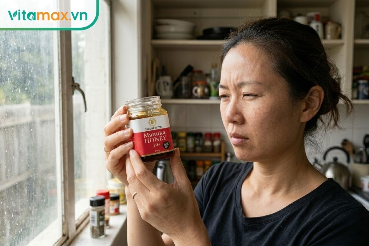 Người phụ nữ đang kiểm tra hũ mật ong bị đắng dưới ánh sáng tự nhiên để xem có dùng được không.