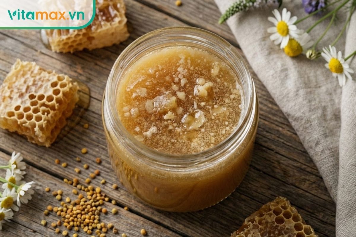 Mật ong thô nguyên chất đặt cạnh sáp ong và phấn hoa, giải thích lý do mật dễ kết tinh.