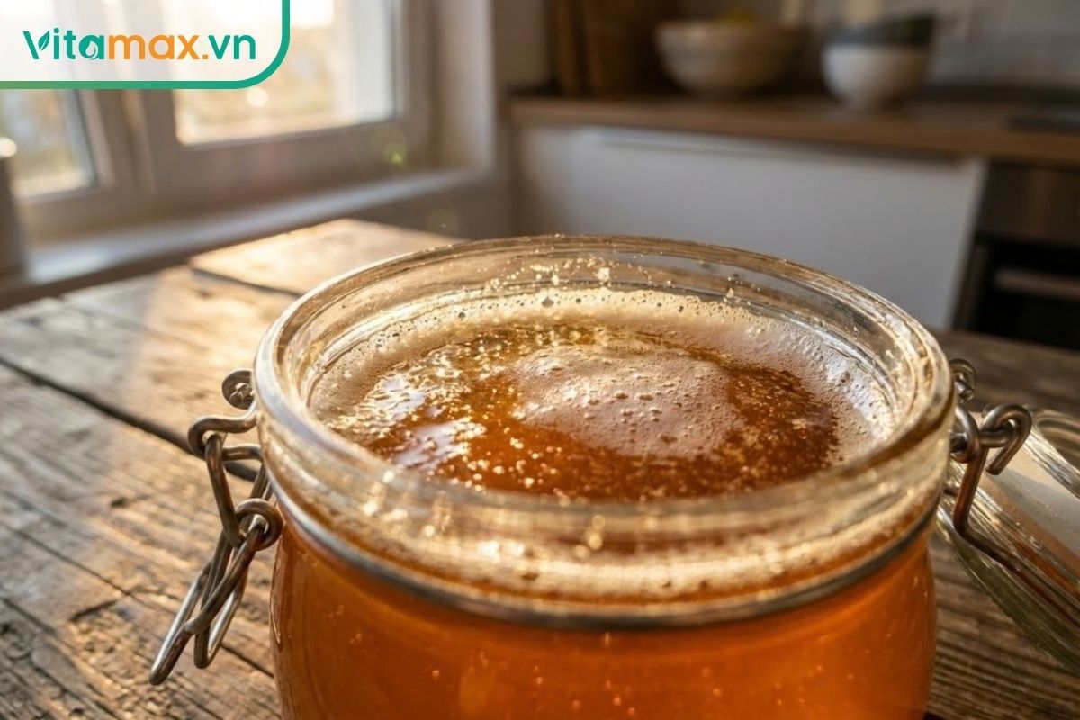 Cận cảnh hũ mật ong nguyên chất có lớp bọt trắng mịn tự nhiên trên bề mặt do quá trình rót và vận chuyển.