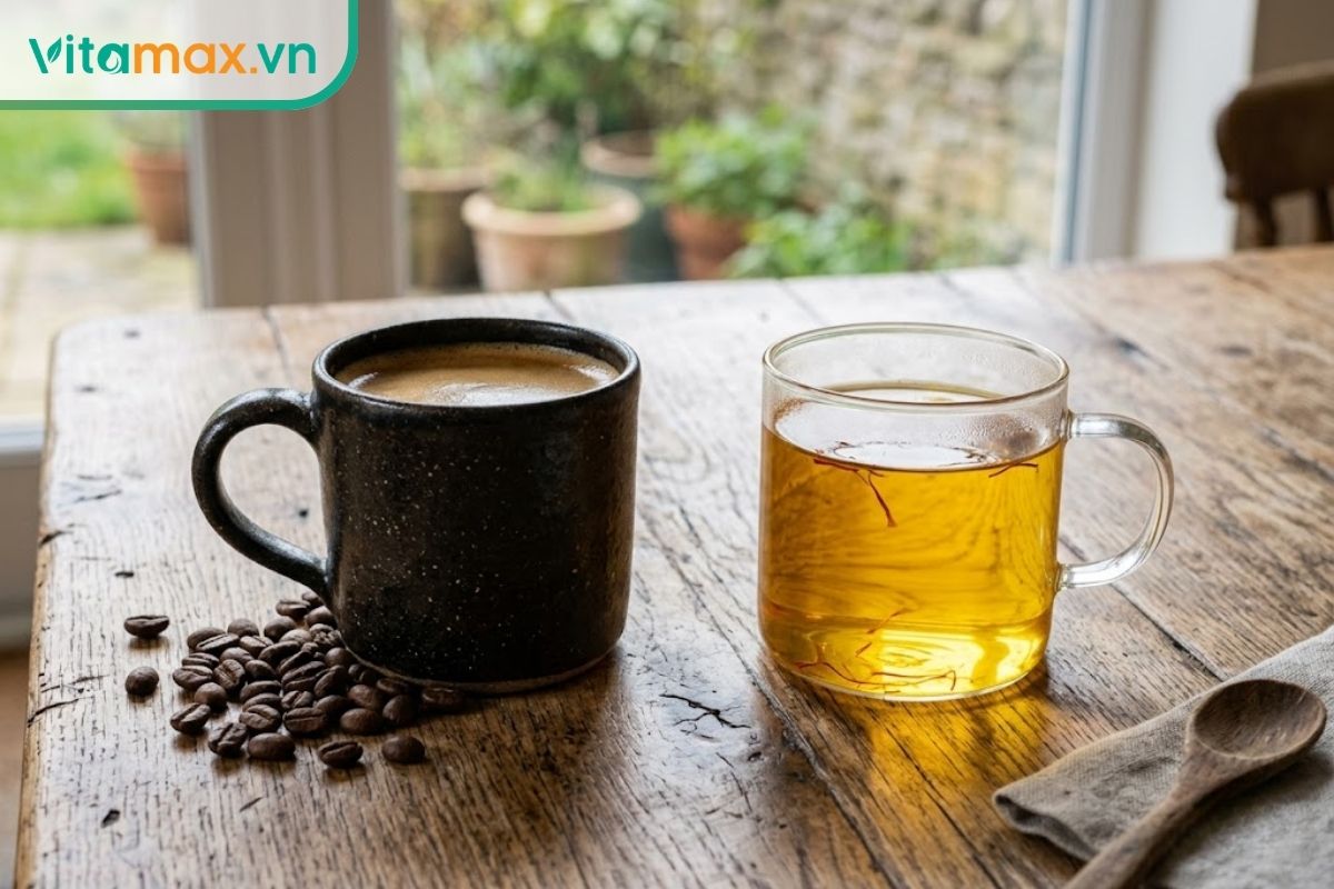 Bàn gỗ chia làm hai nửa hình ảnh: một bên là tách espresso màu nâu đen đặc sánh, một bên là ly trà saffron màu vàng nhạt trong trẻo để so sánh độ đậm màu.