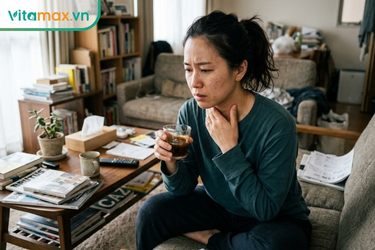 Phụ nữ nhăn mặt và lấy tay ôm cổ họng vì cảm giác khô rát sau khi uống một ly nước mật ong pha quá đậm đặc.