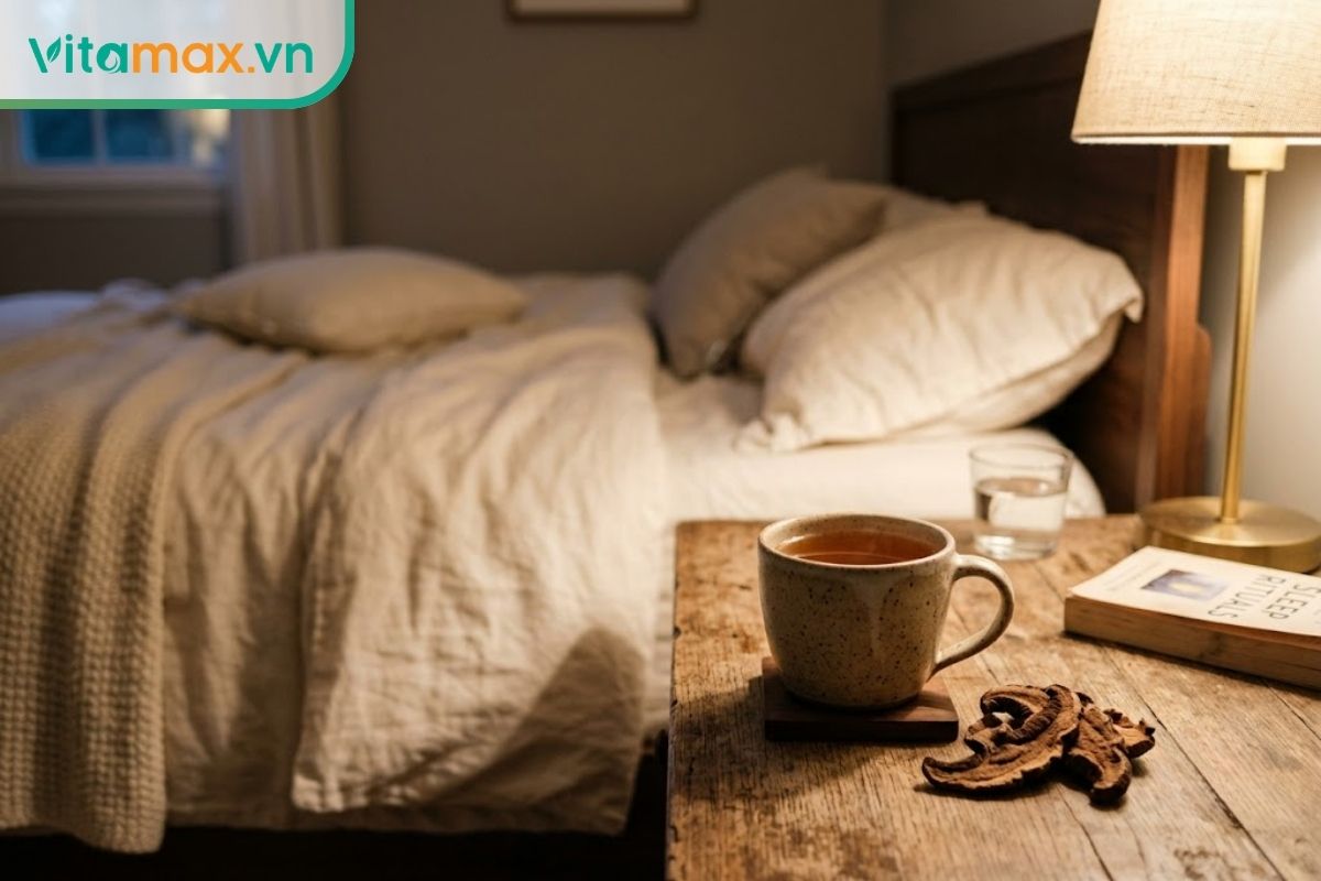 Ly trà nấm linh chi màu nâu hổ phách đặt trên bàn gỗ cạnh giường ngủ dưới ánh đèn vàng dịu nhẹ.