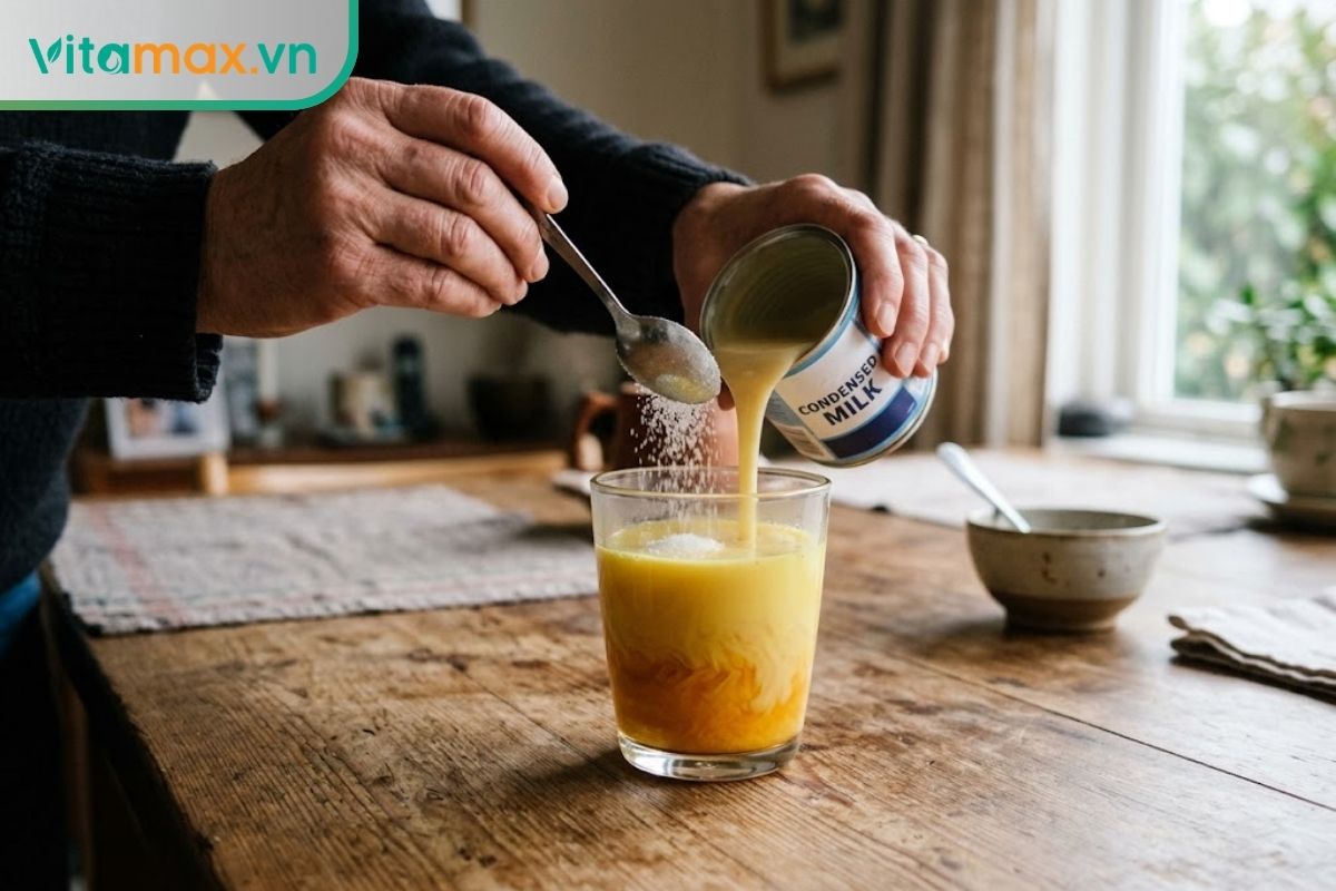 Cận cảnh một người đang đổ nhiều sữa đặc và múc một thìa đường trắng vào cốc trà saffron, đặt trên bàn ăn gia đình bằng gỗ.