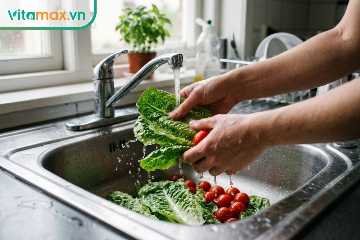 Hai bàn tay đang rửa sạch bó rau xà lách và cà chua dưới vòi nước chảy trong bồn rửa chén bằng inox tại bếp.