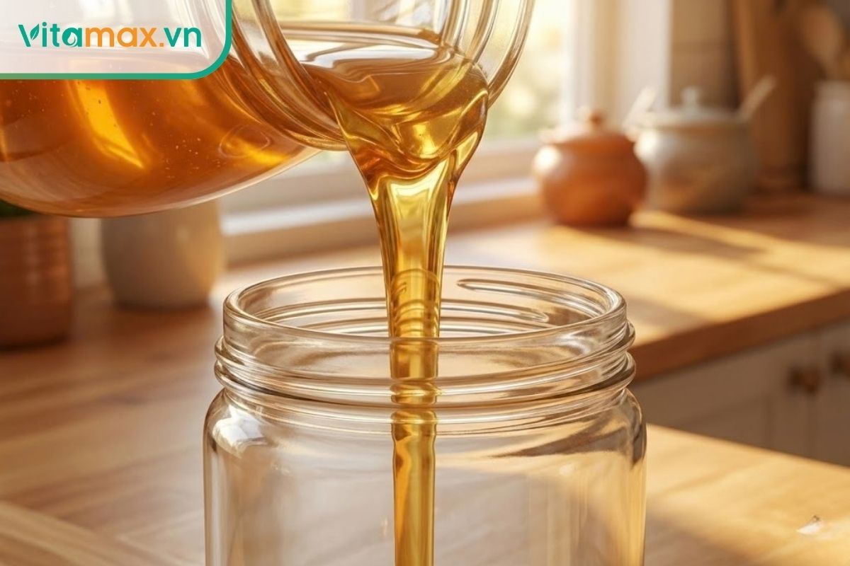 Cận cảnh dòng mật ong vàng óng chảy bám dọc theo thành chai thủy tinh trong suốt giúp hạn chế bọt khí.