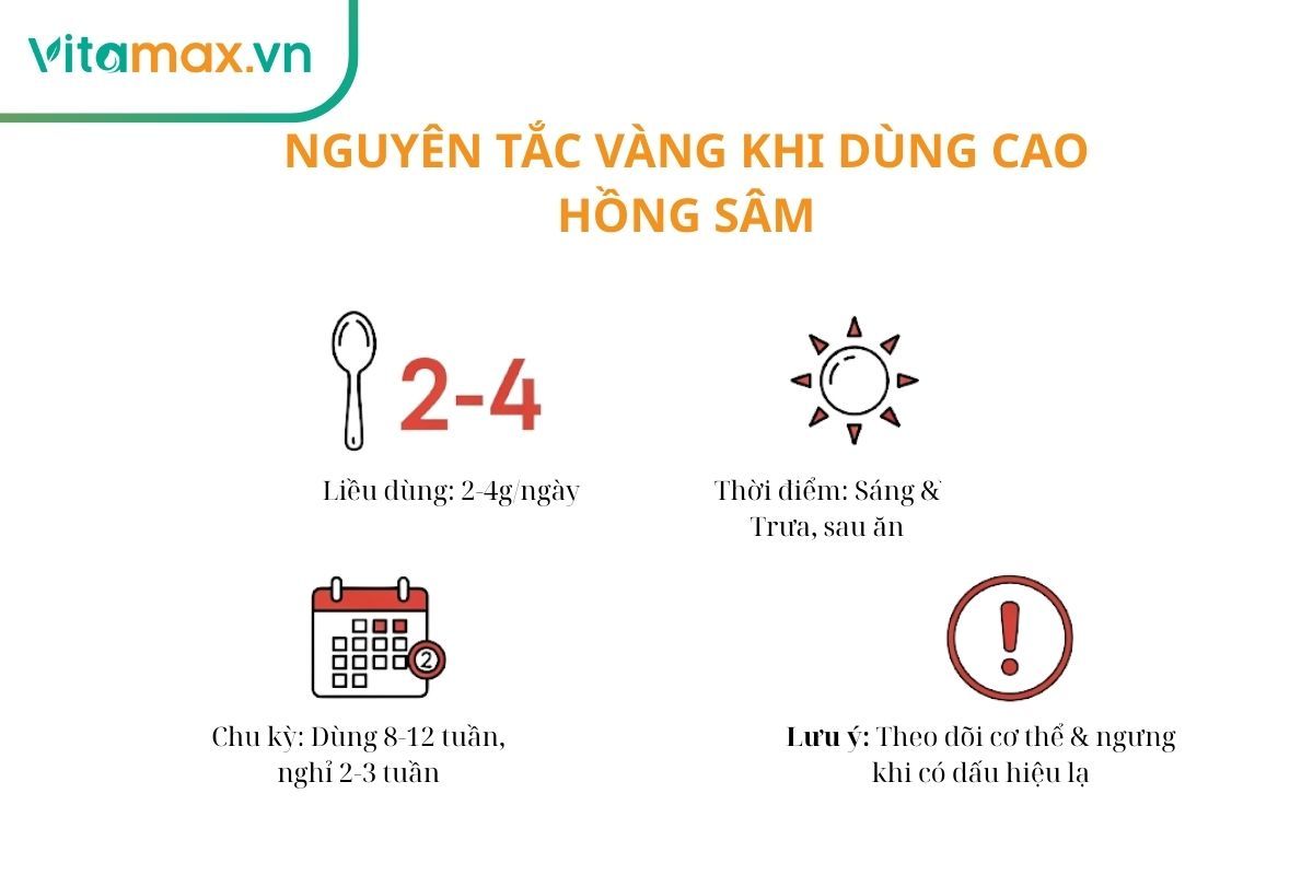 Infographic hướng dẫn liều dùng cao hồng sâm phù hợp cho từng độ tuổi: người trẻ, người trung niên và người cao tuổi.