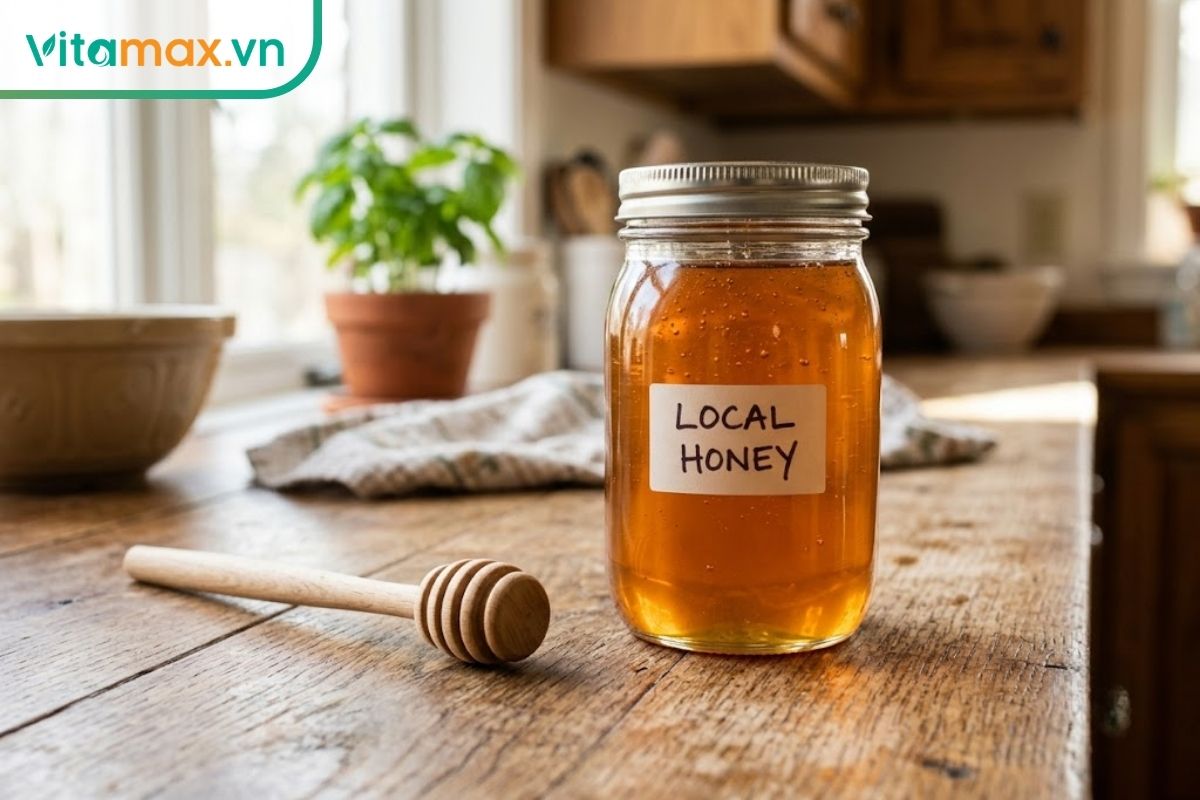 Một hũ mật ong thủy tinh màu vàng óng đặt trên mặt bàn bếp gỗ ngập ánh sáng tự nhiên, bên cạnh là chiếc thìa lấy mật bằng gỗ, đại diện cho việc kiểm tra chất lượng mật ong tại nhà.