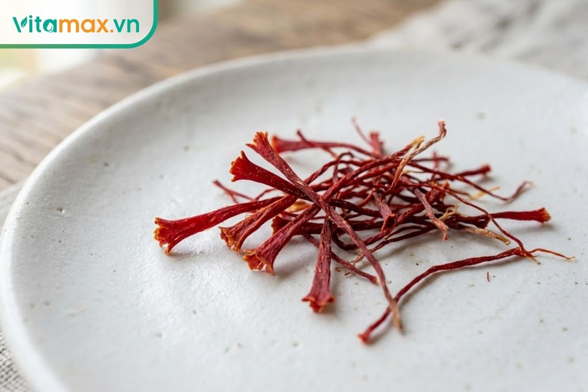 Chụp cận cảnh macro các sợi saffron thật màu đỏ thẫm tươi tắn, đầu sợi loe to tự nhiên, được đặt trên một đĩa sứ trắng dưới ánh sáng tự nhiên.