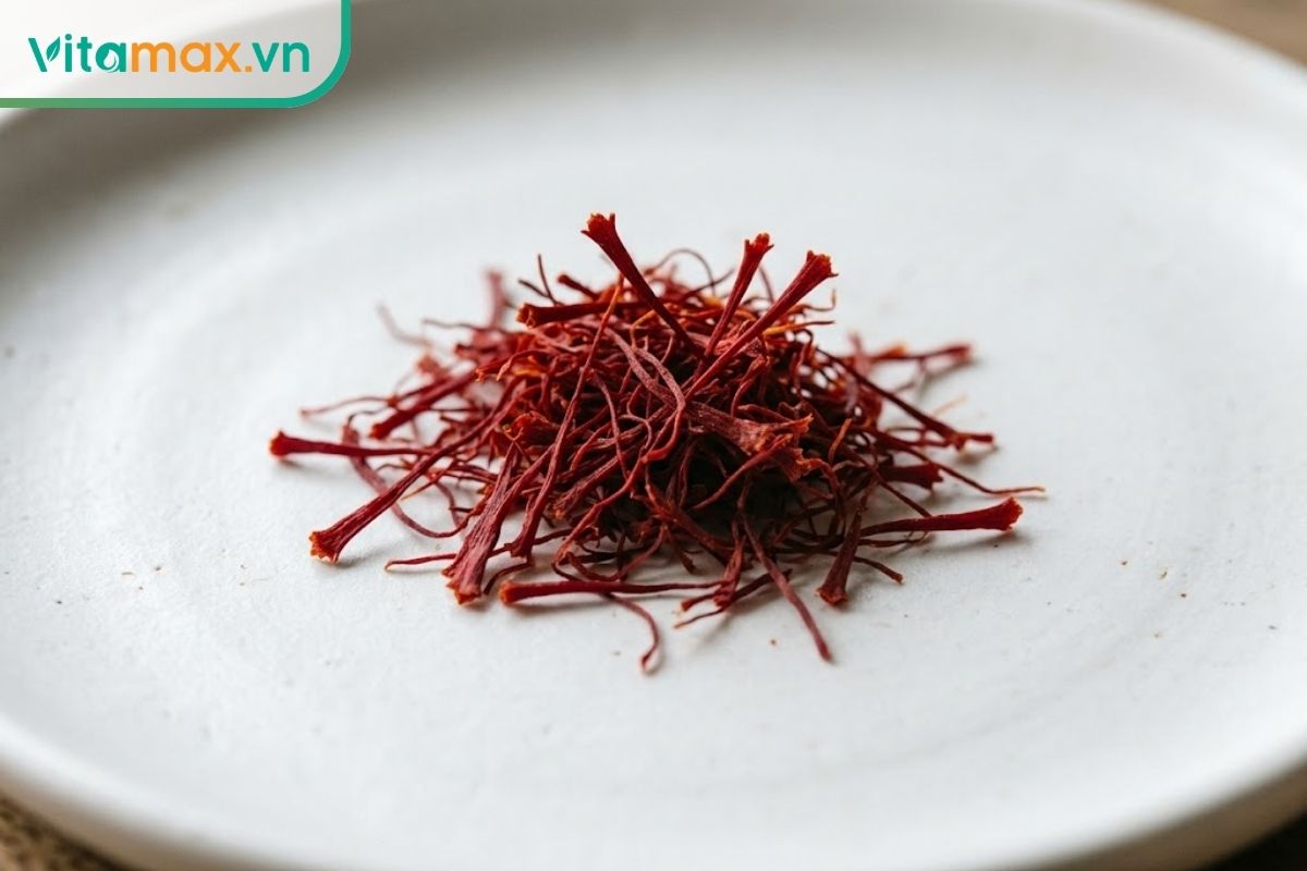 Cận cảnh các sợi nhụy hoa nghệ tây chất lượng cao, màu đỏ thẫm, sợi to và đều nhau, được đặt trên một đĩa sứ trắng, không có lẫn chân tẩm màu.