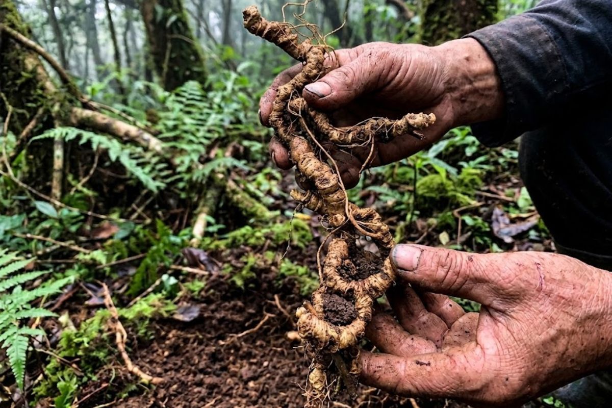 Cận cảnh đôi bàn tay lấm lem bùn đất đang cầm củ sâm Ngọc Linh chuẩn vừa được khai thác trực tiếp từ rừng sâu tự nhiên.