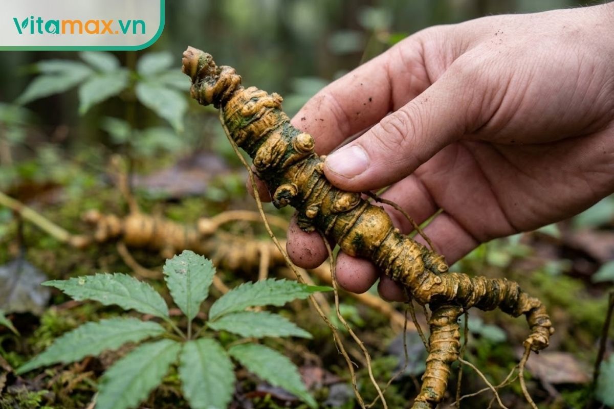 Cận cảnh bàn tay đang cầm một củ sâm Ngọc Linh tươi, thân chắc nịch, lớp vỏ có màu nâu vàng tự nhiên không tì vết.