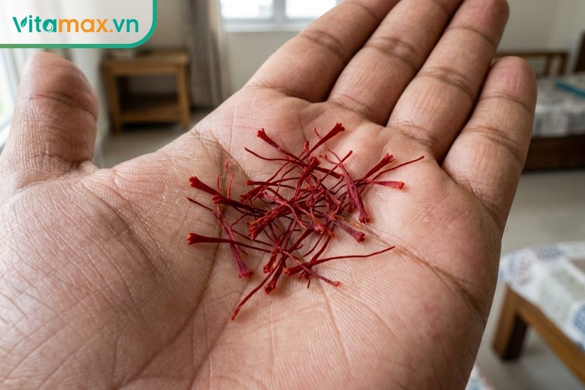 Cận cảnh các sợi saffron nguyên bản, màu đỏ sẫm, hơi phình to ở đầu được đặt trên tay người thật.