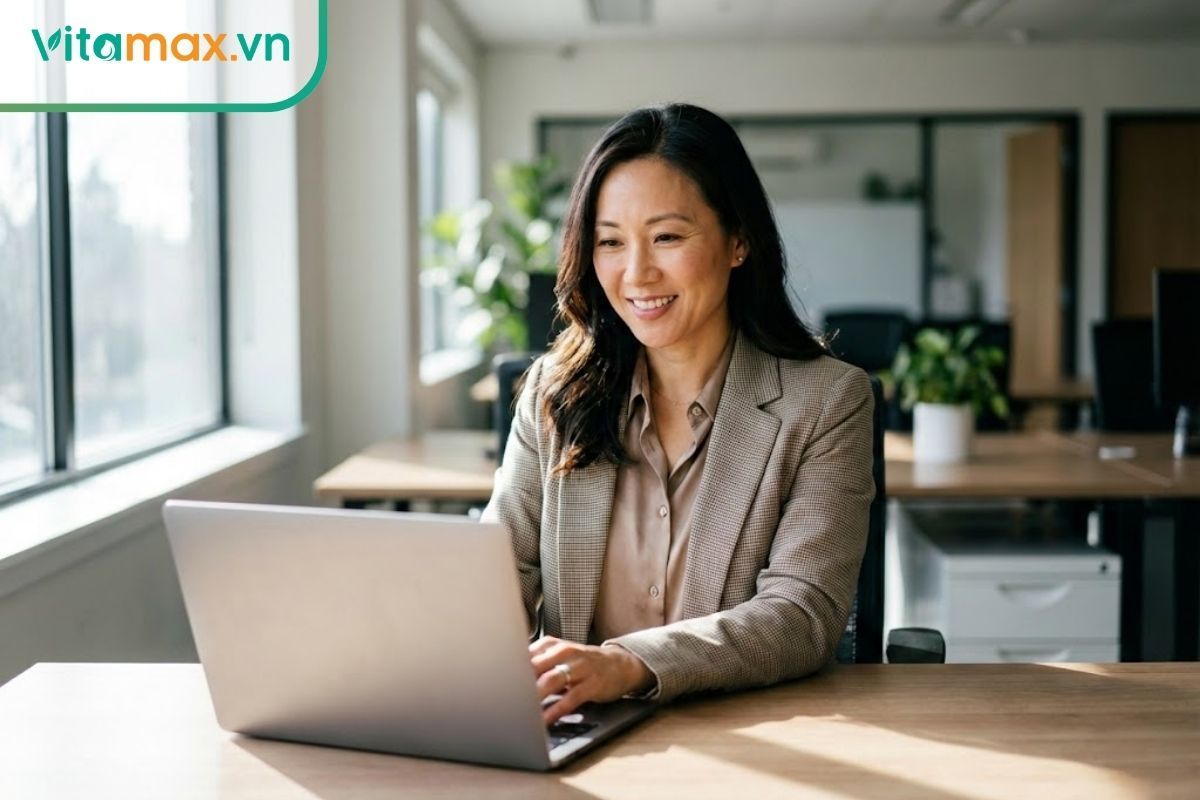 nữ nhân viên văn phòng châu á tập trung làm việc đầy năng lượng nhờ dùng nhân sâm
