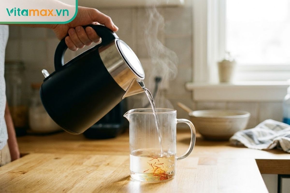 Cận cảnh một tay đang cầm ấm rót nước ấm nhẹ nhàng vào ly thủy tinh có chứa sẵn vài sợi nhụy hoa nghệ tây. Chỉ có một chút hơi nước mỏng bốc lên, biểu thị nước không quá sôi.