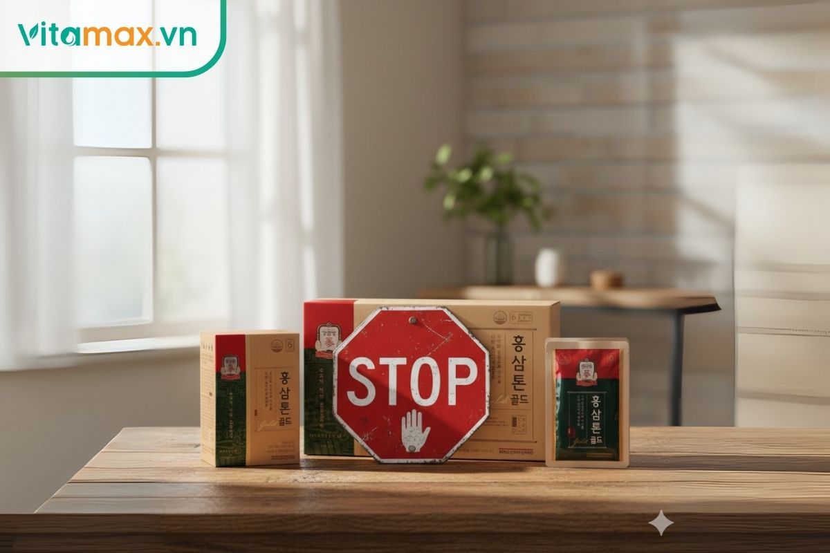 Hình ảnh dấu chấm hỏi lớn bên cạnh sản phẩm hồng sâm, nhấn mạnh việc cần tìm hiểu kỹ những ai không nên uống trước khi sử dụng.