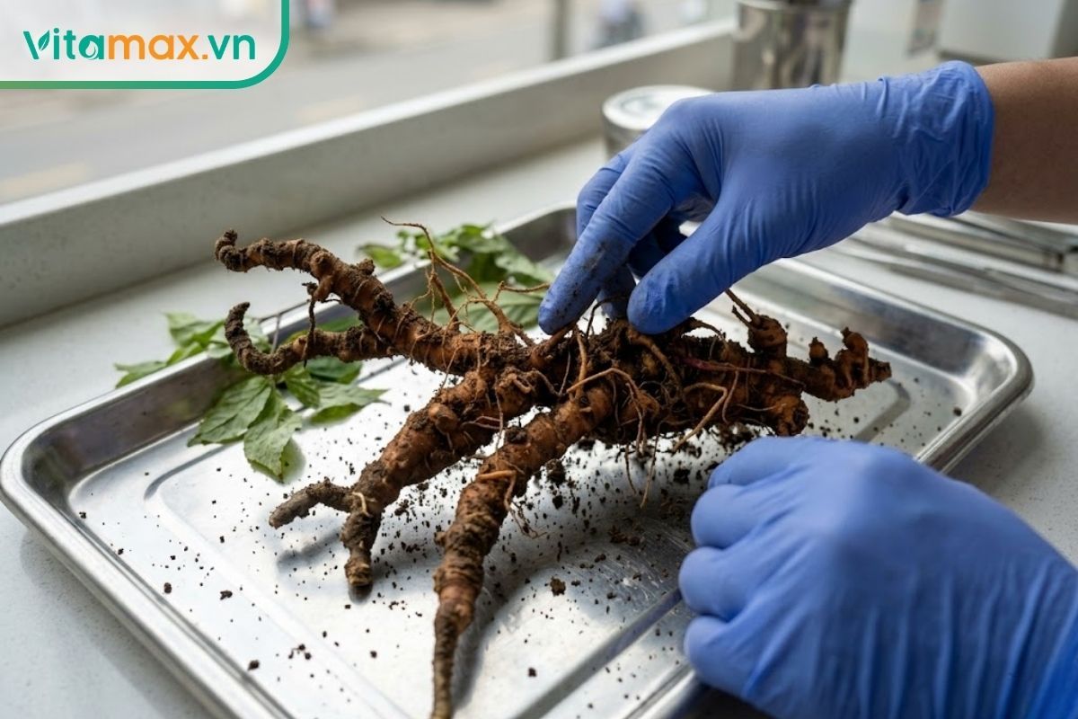 Cận cảnh củ sâm Ngọc Linh thật đang được chuyên gia y tế kiểm tra. Do hoạt tính mạnh, có nhiều nhóm những người không nên dùng sâm Ngọc Linh.
