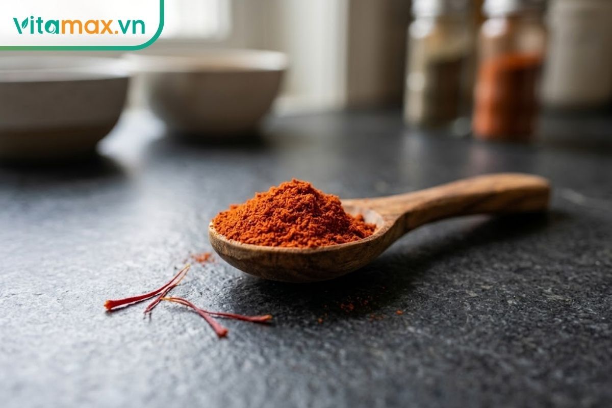 Một chiếc thìa gỗ nhỏ đang xúc một lượng bột nhụy hoa nghệ tây màu đỏ cam mịn.