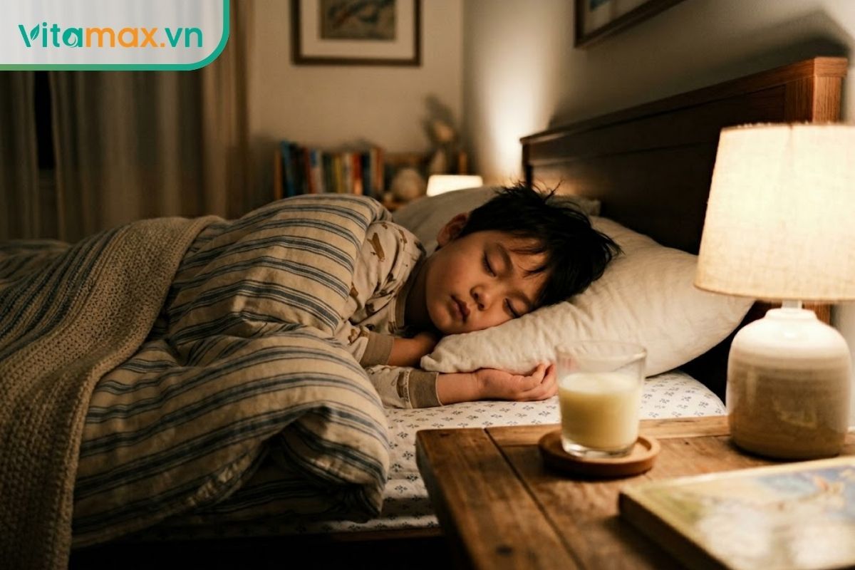 Bé trai đang ngủ rất ngon và sâu giấc trên giường trong căn phòng ánh sáng dịu nhẹ.