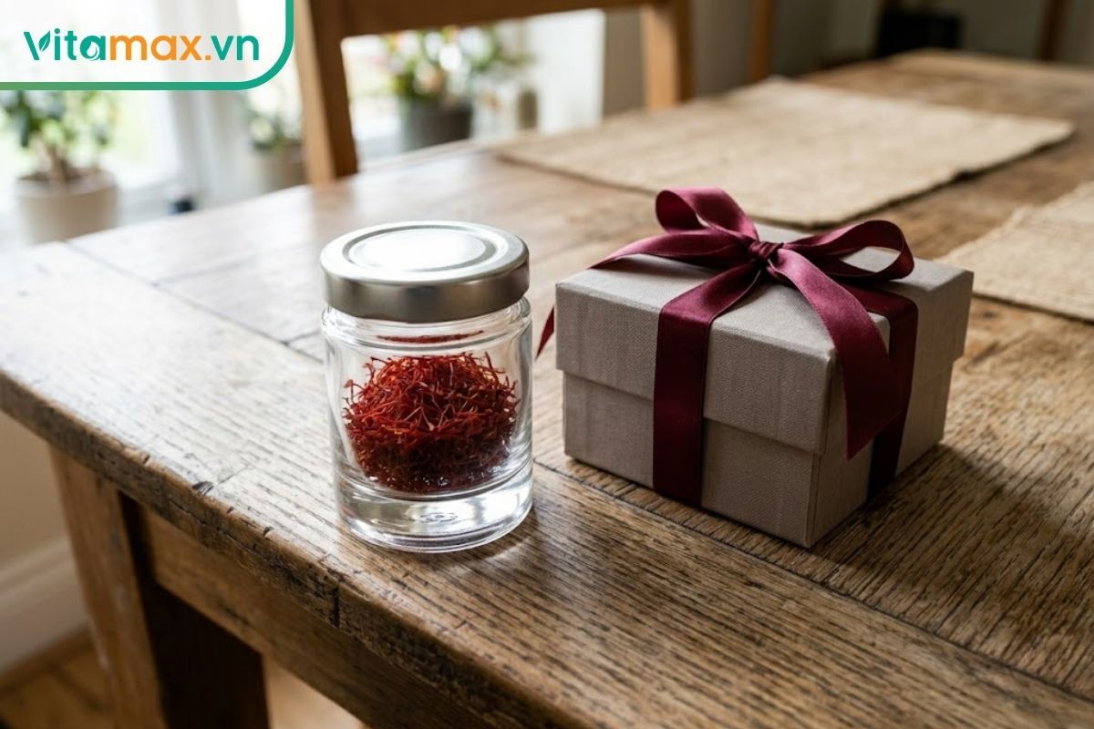 Hũ nhụy hoa nghệ tây nguyên sợi chất lượng cao được đặt trang trọng bên cạnh một hộp quà thắt nơ tinh tế, phù hợp làm quà tặng sức khỏe ý nghĩa.