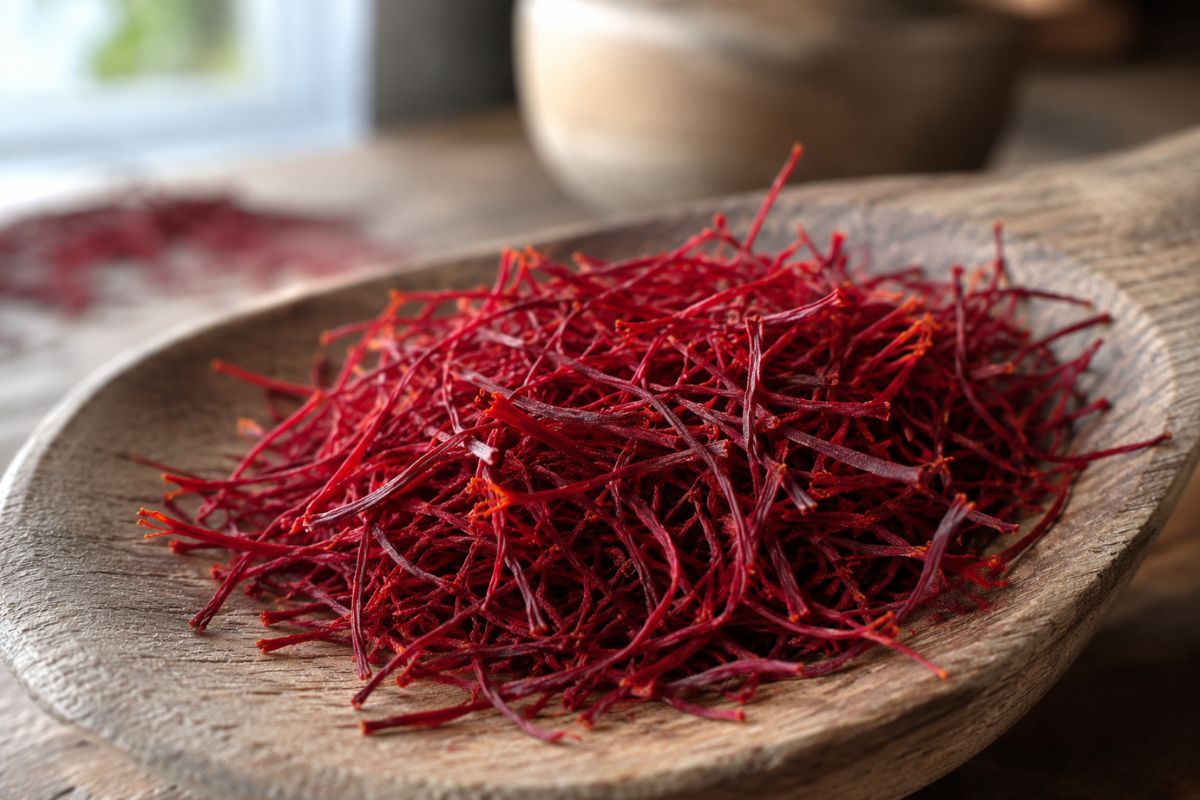 Cận cảnh những sợi nhụy hoa nghệ tây saffron màu đỏ sẫm chất lượng cao được đặt trên một chiếc thìa gỗ nhỏ, phông nền mờ ảo tự nhiên.