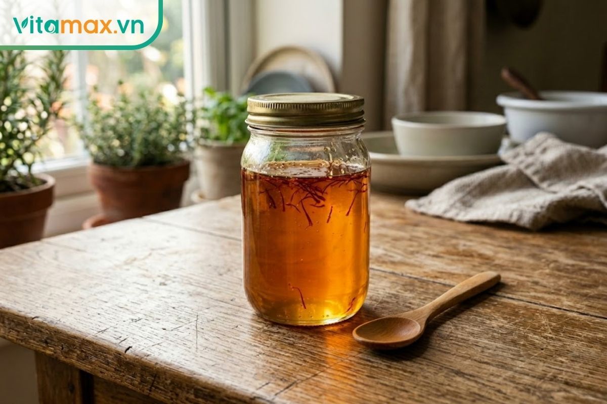 Hũ thủy tinh đựng nhụy hoa nghệ tây ngâm mật ong nguyên chất với màu vàng hổ phách tự nhiên, đặt trên bàn gỗ mộc mạc cạnh thìa gỗ nhỏ.