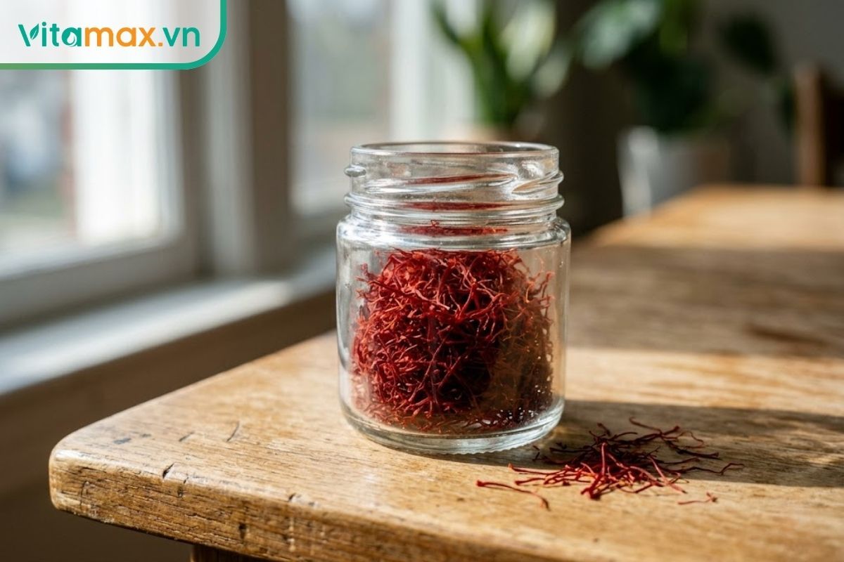 Lọ thủy tinh nhỏ trong suốt chứa đầy những sợi nhụy hoa nghệ tây nguyên chất màu đỏ sẫm, khô ráo và đạt tiêu chuẩn chất lượng cao.
