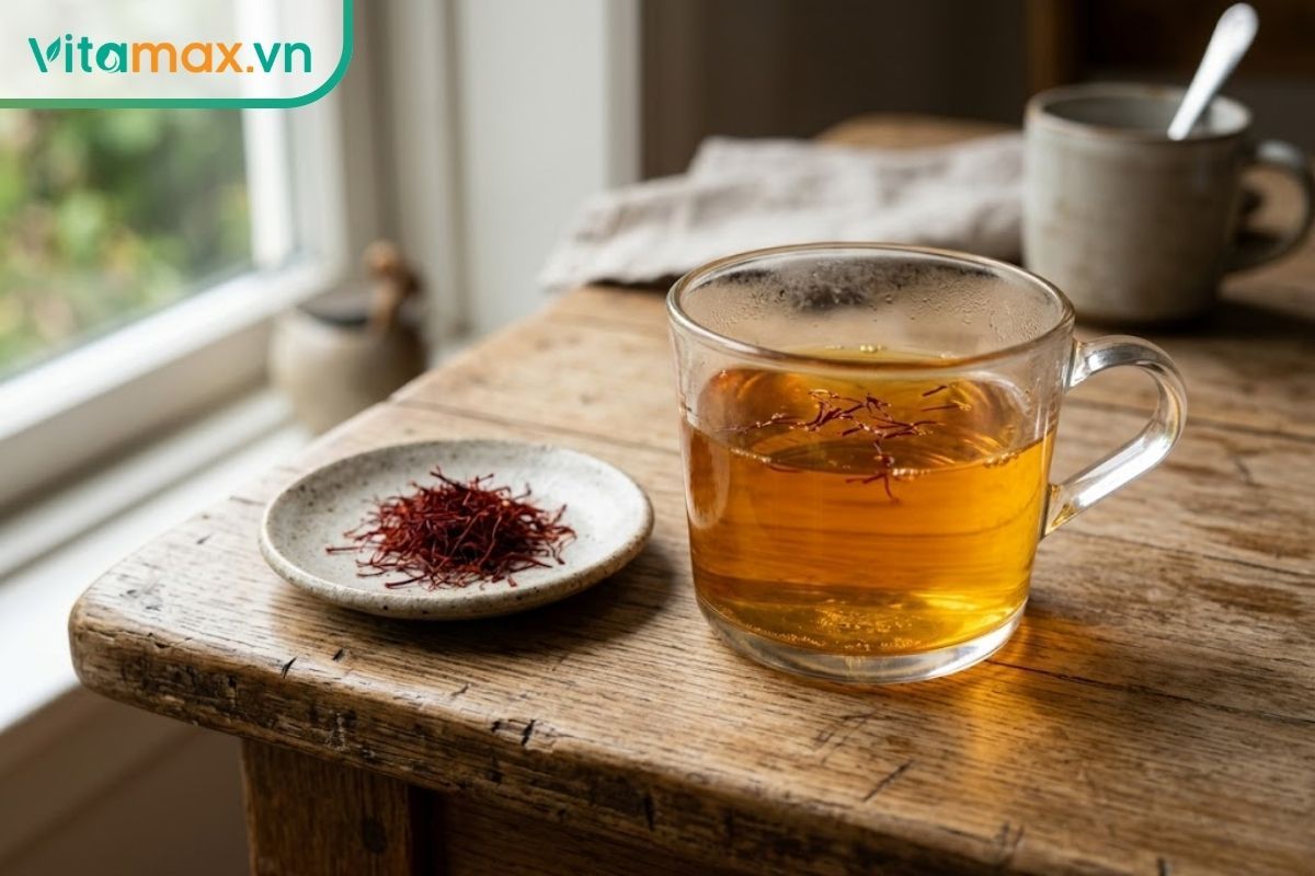 Ly nước pha saffron có màu vàng cam óng ánh cùng những sợi nhụy hoa nghệ tây đỏ thẫm trên bàn gỗ.