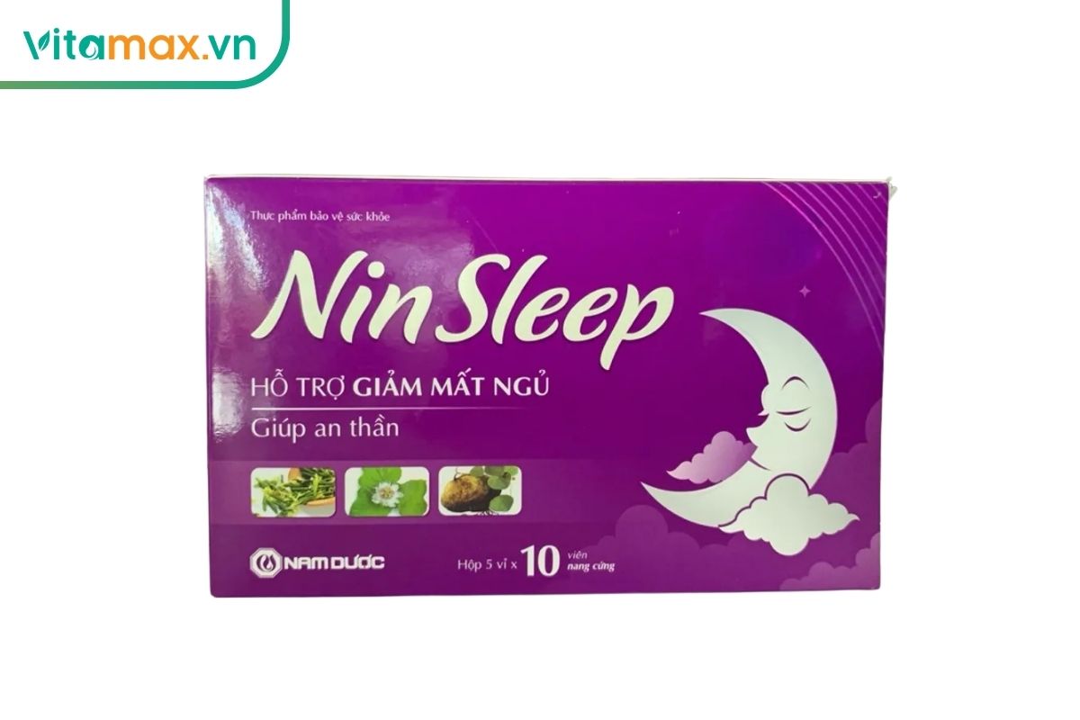 Hộp Nin Sleep Nam Dược màu tím với hình mặt trăng, sản phẩm chứa nhiều dược liệu hỗ trợ thư giãn