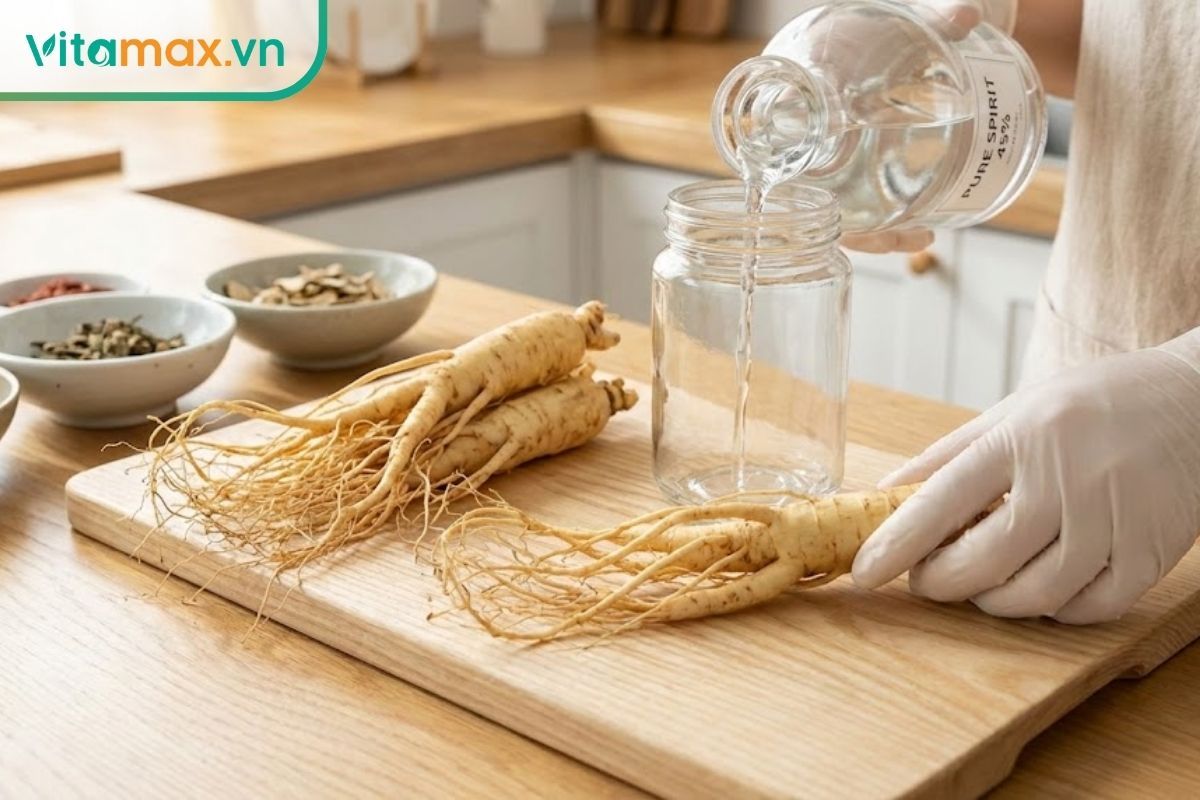 củ nhân sâm tươi hàn quốc chuẩn bị ngâm với rượu nếp trắng 40-45 độ