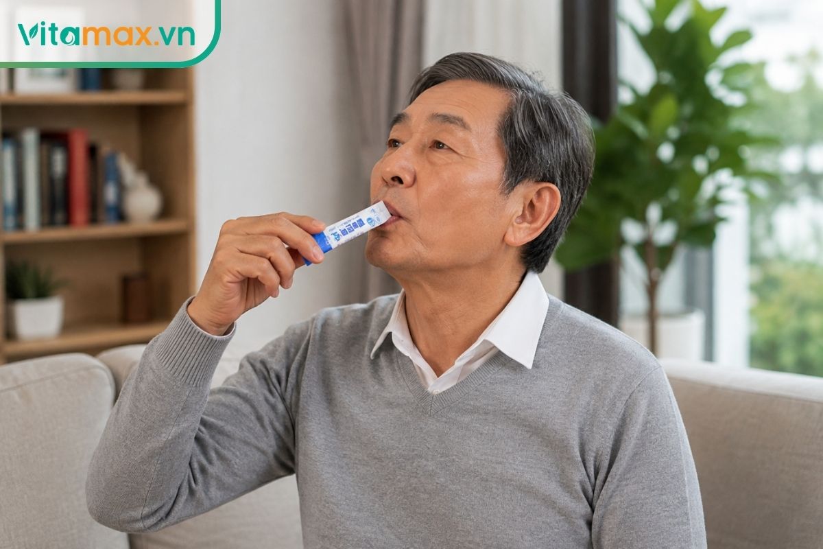 Một người trung niên đang cầm và sử dụng một gói tinh chất bổ sung dạng stick nhỏ gọn, bối cảnh phòng khách hiện đại, ánh sáng ấm áp.
