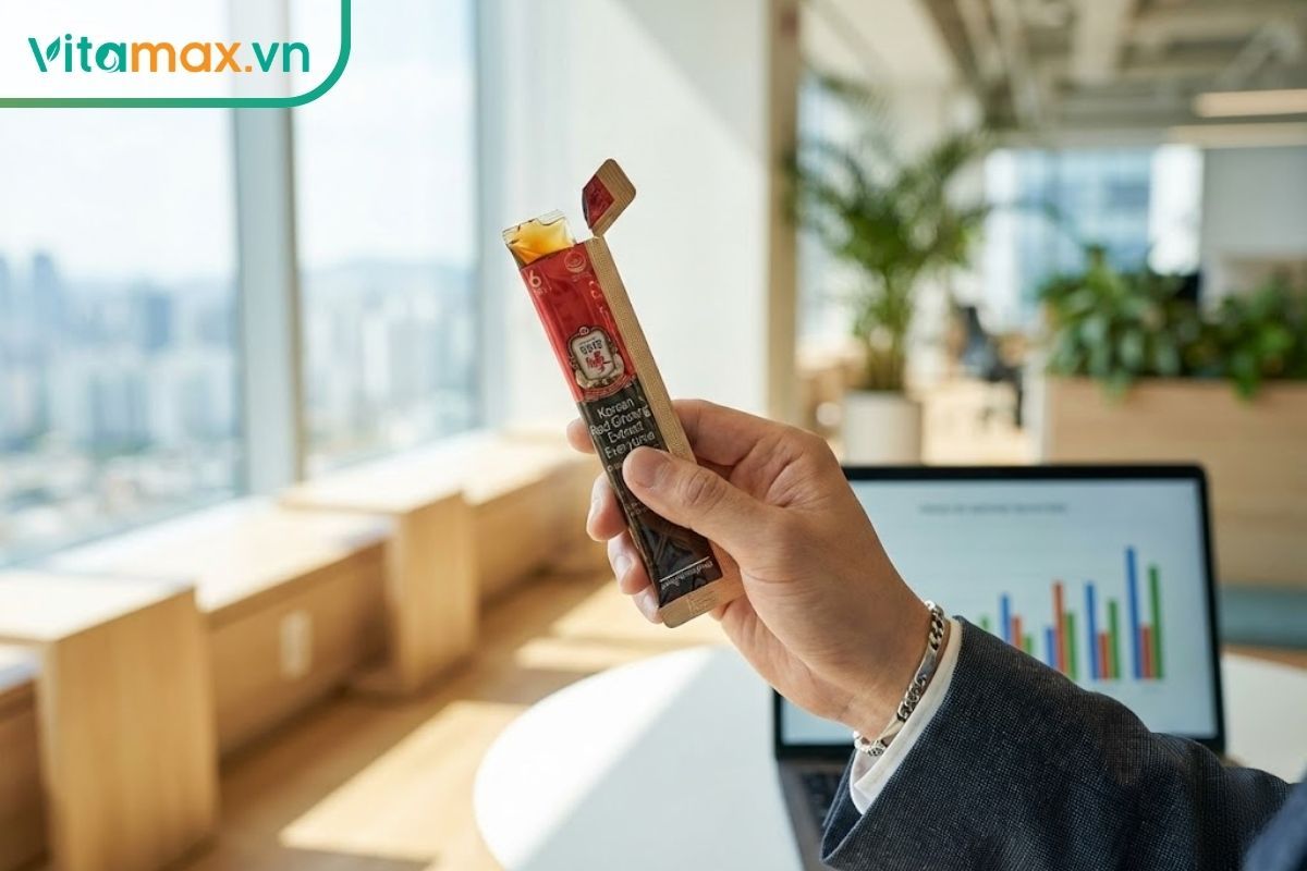 Một nhân viên văn phòng đang sử dụng nước hồng sâm dạng gói stick tiện lợi tại bàn làm việc hiện đại.